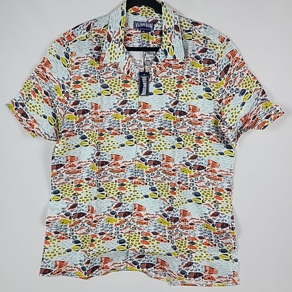 NWT Vilebrequin Short Sleeve Linen Button Shirt Charli Fish Print Sz XL $260 - Picture 1 of 8
